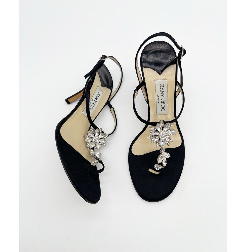 Jimmy Choo Vintage y2k Black Satin Crystal Floral Strappy Thong Sandals IT 38.5
